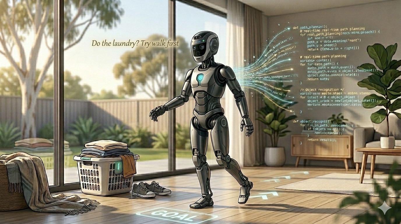 A humanoid robot learning to walk to a goal under a reward function written by an LLM